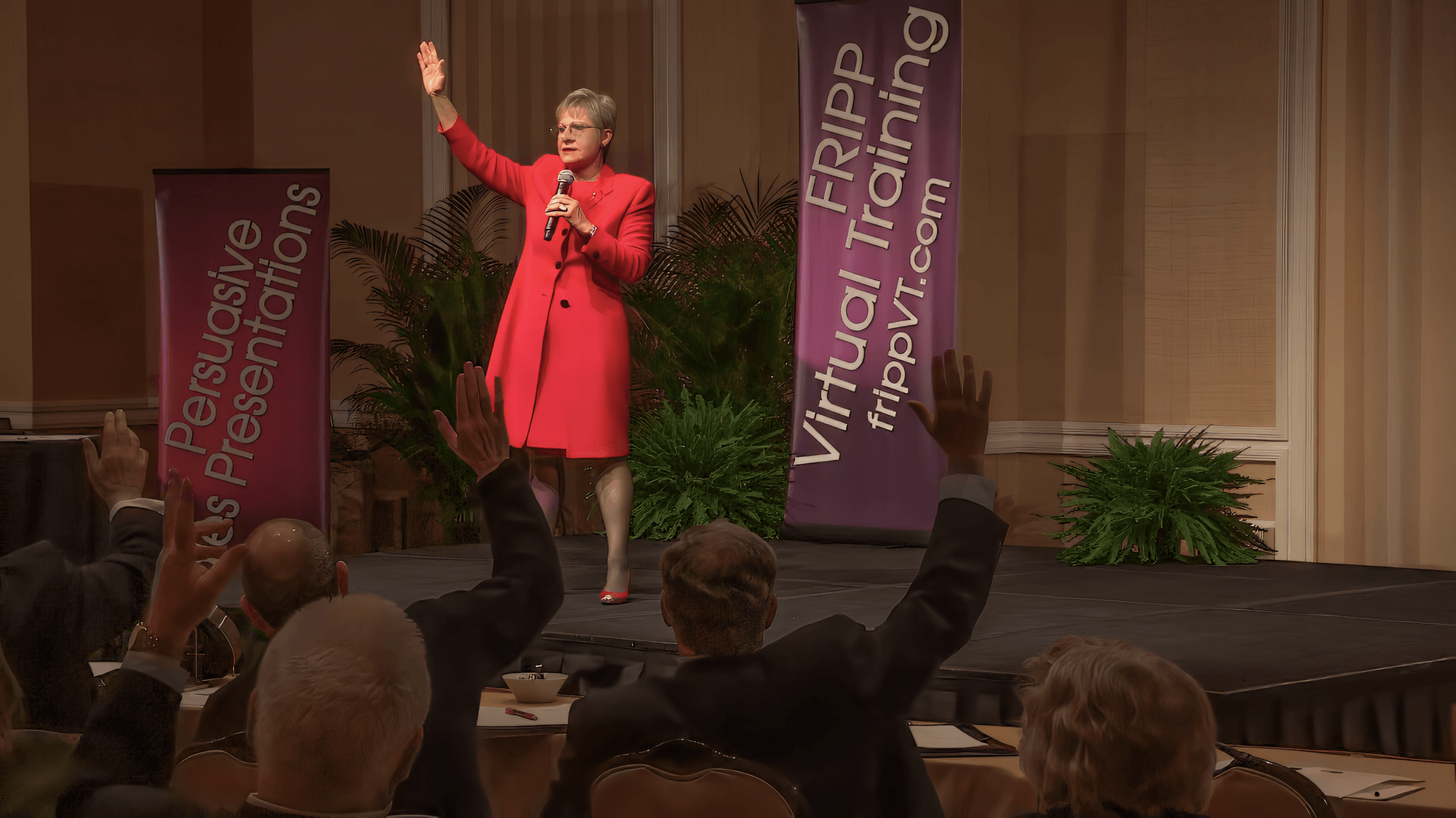 Executive Speech Coach & Creator of FrippVT, Patricia Fripp in Action Photo of Coaching with Client